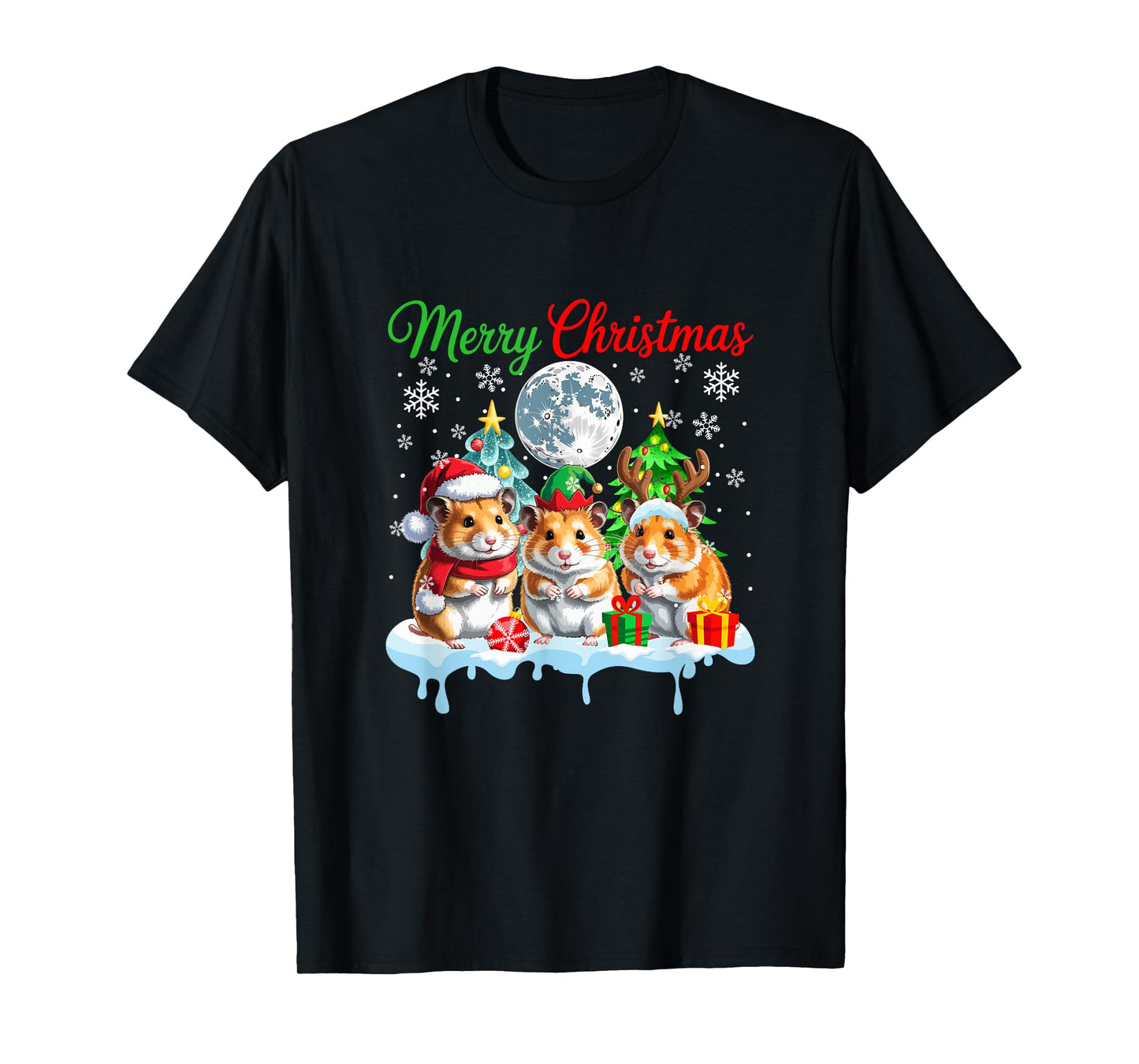 Merry Christmas Three Santa Elf Reindeer Hamsters Rodent T-Shirt