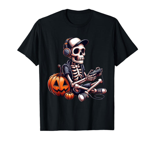 Funny Skeleton Playing Video Game Halloween Shirt Boys Gamer T-Shirt