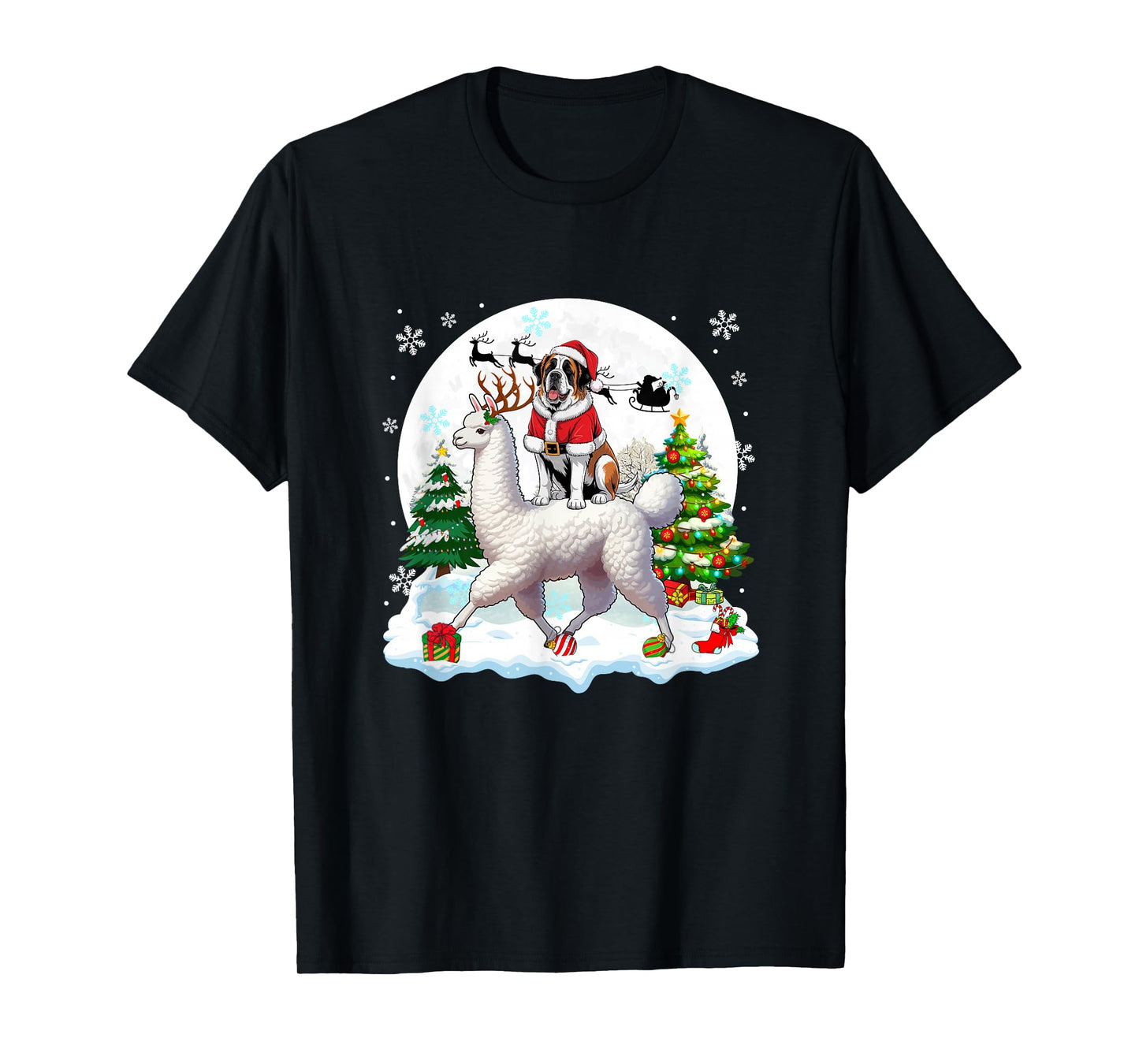 Santa St. Bernard Riding Llama Reindeer Christmas Owner Kids T-Shirt