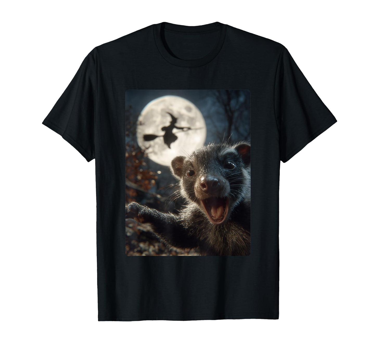 Funny Skunk Selfie Full Moon Flying Witch Forest Halloween T-Shirt