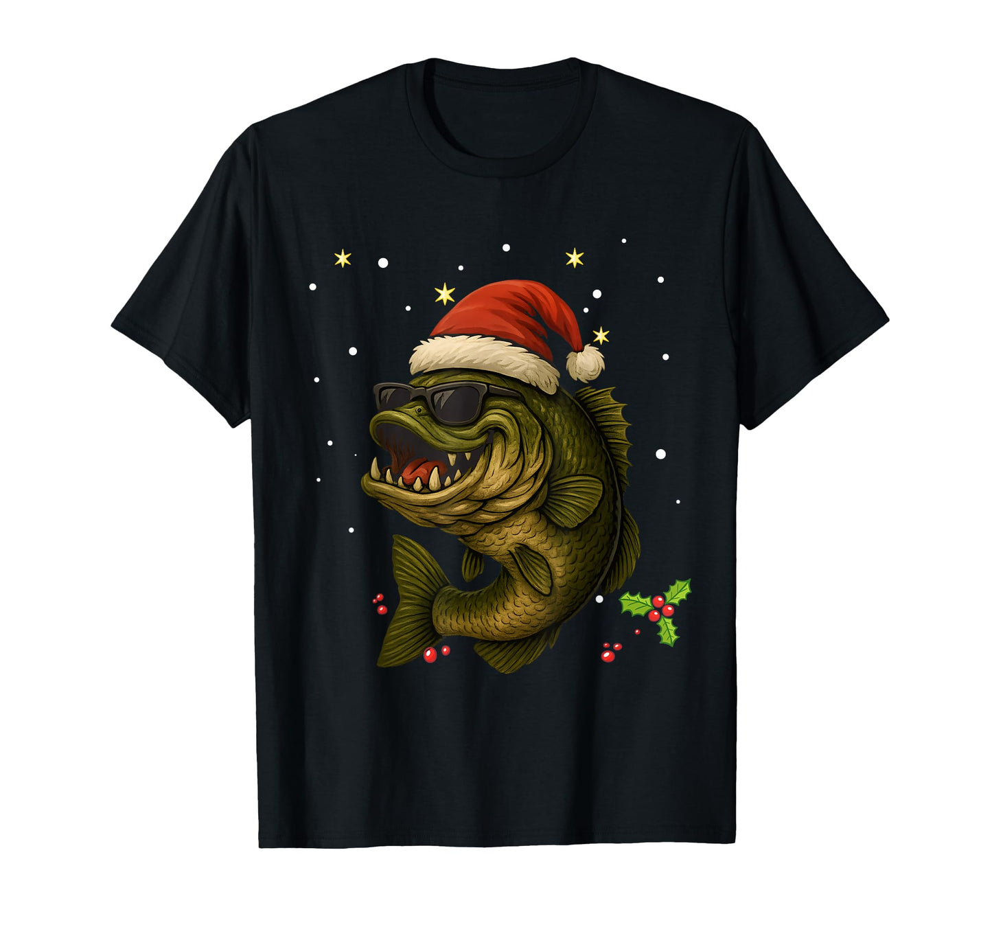 Santa Bass Fish with Sunglasses Holiday Tee Funny Christmas T-Shirt