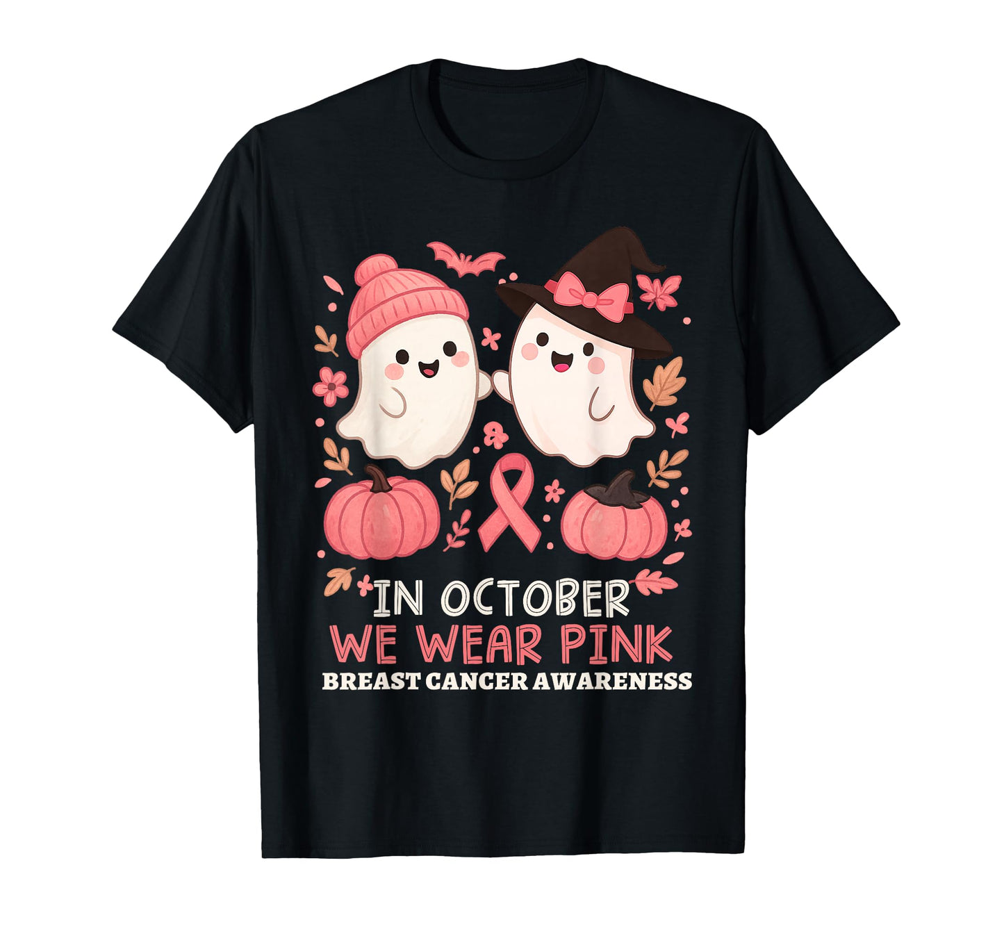 in October We Wear Pink Ghost Witch Breast Cancer Awareness T-Shirt
