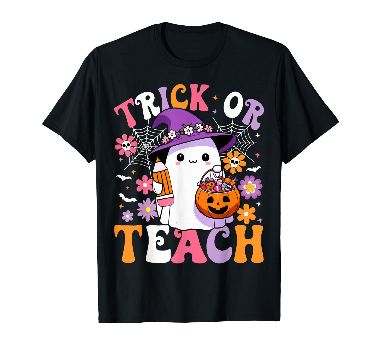 Trick Or Teach Groovy Teacher Ghost Funny Halloween Teacher T-Shirt