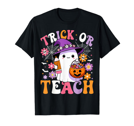 Trick Or Teach Groovy Teacher Ghost Funny Halloween Teacher T-Shirt