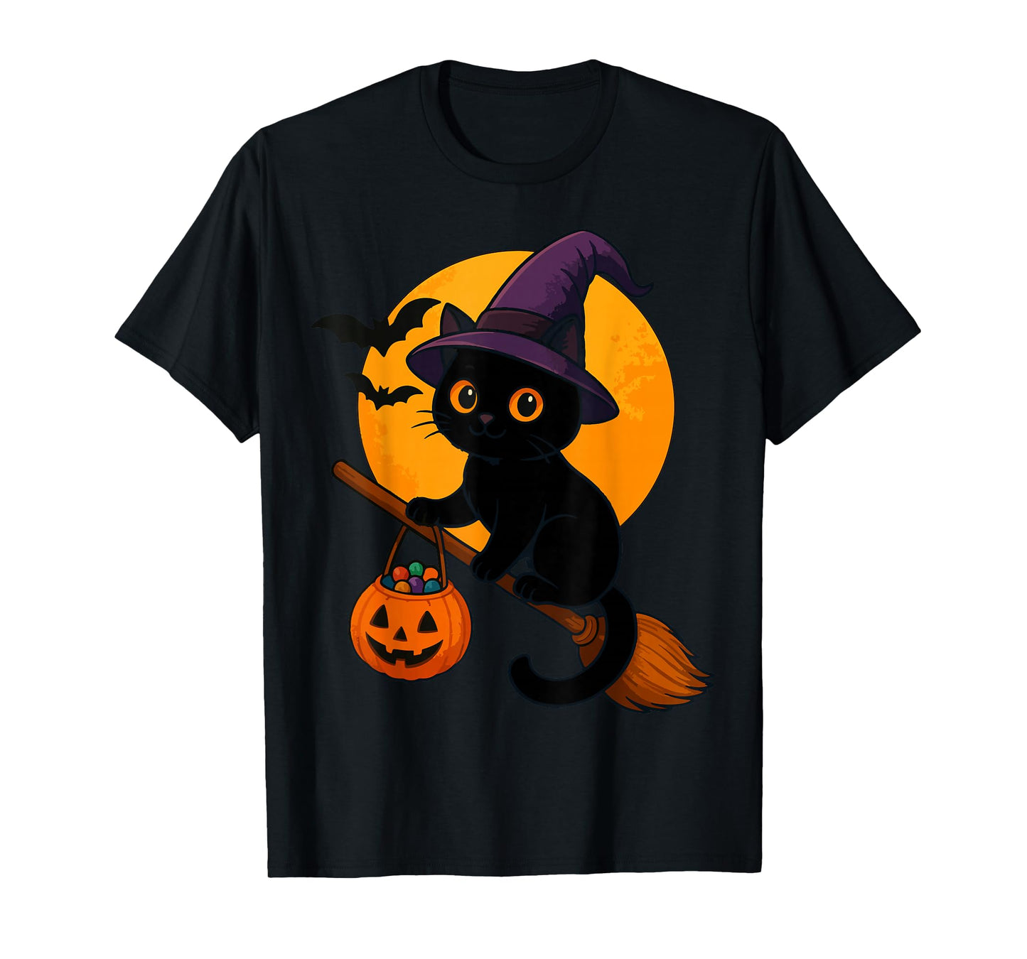 Cute Black Cat Witch on Broom Halloween Costume Moon Pumpkin T-Shirt