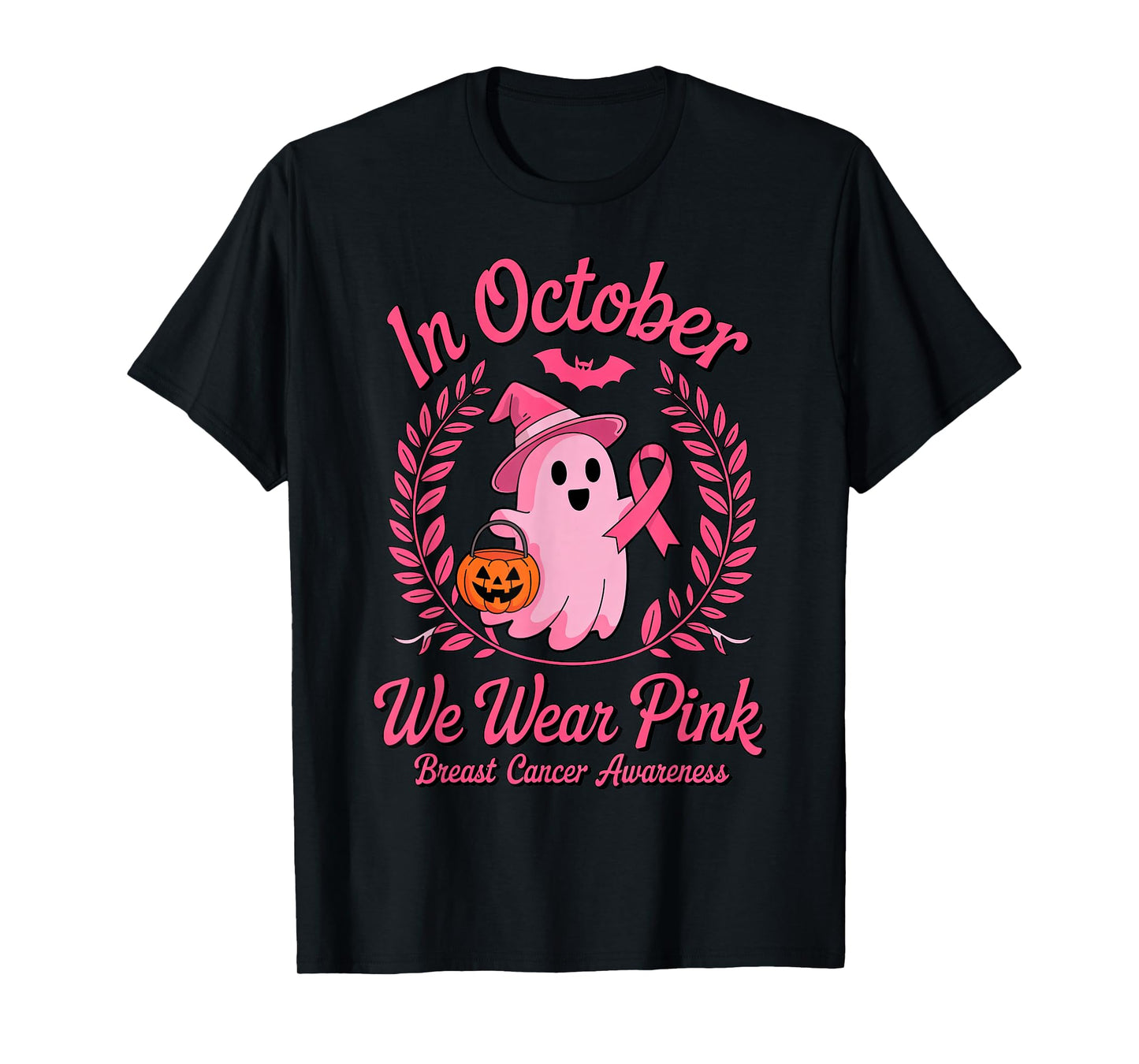 in October We Wear Pink Halloween Ghost Witch Breast Cancer T-Shirt