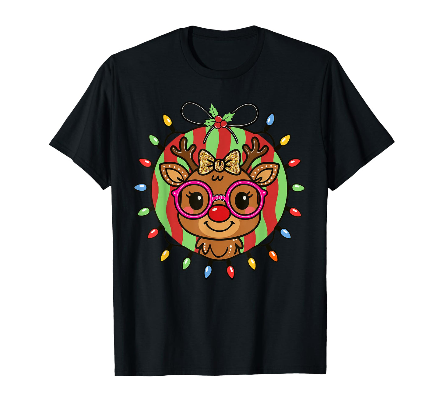 Cute Girls Women Reindeer Christmas Santa Glasses Family tee T-Shirt