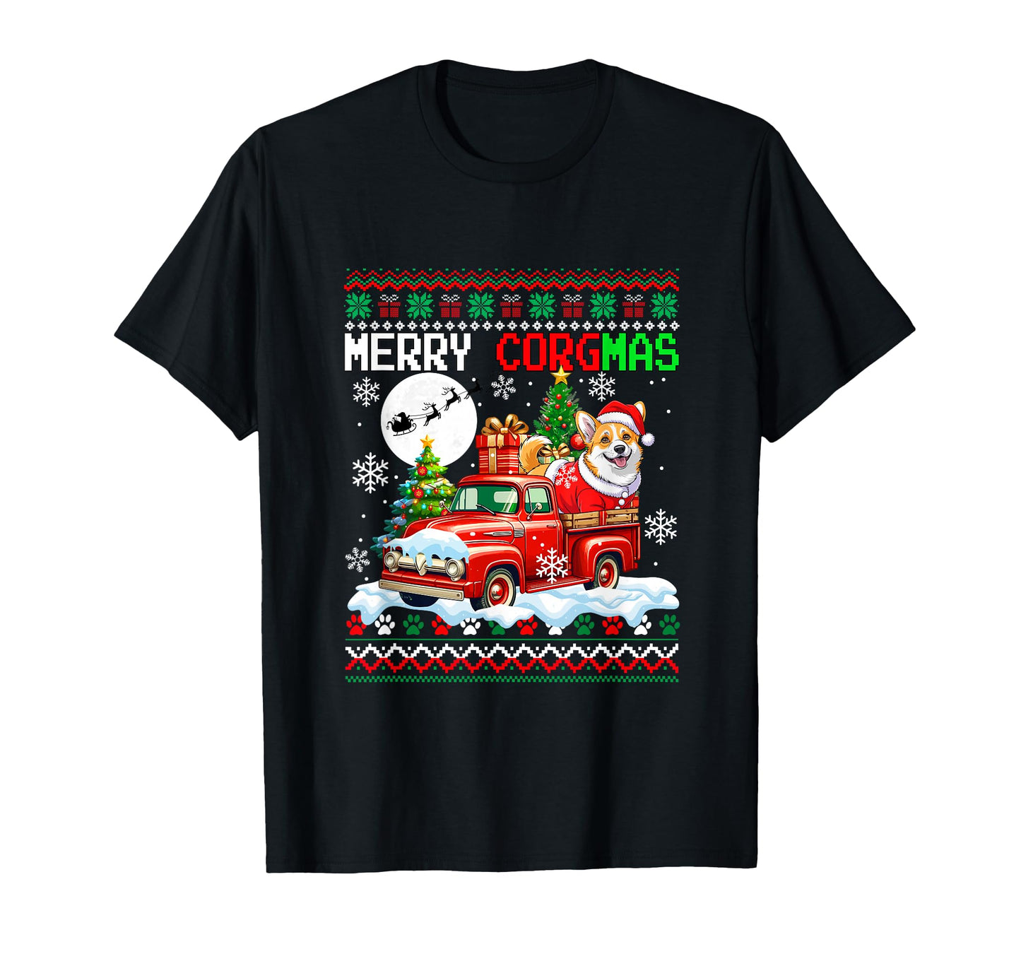 Merry Christmas Sweater Santa Corgi On Pickup Truck T-Shirt