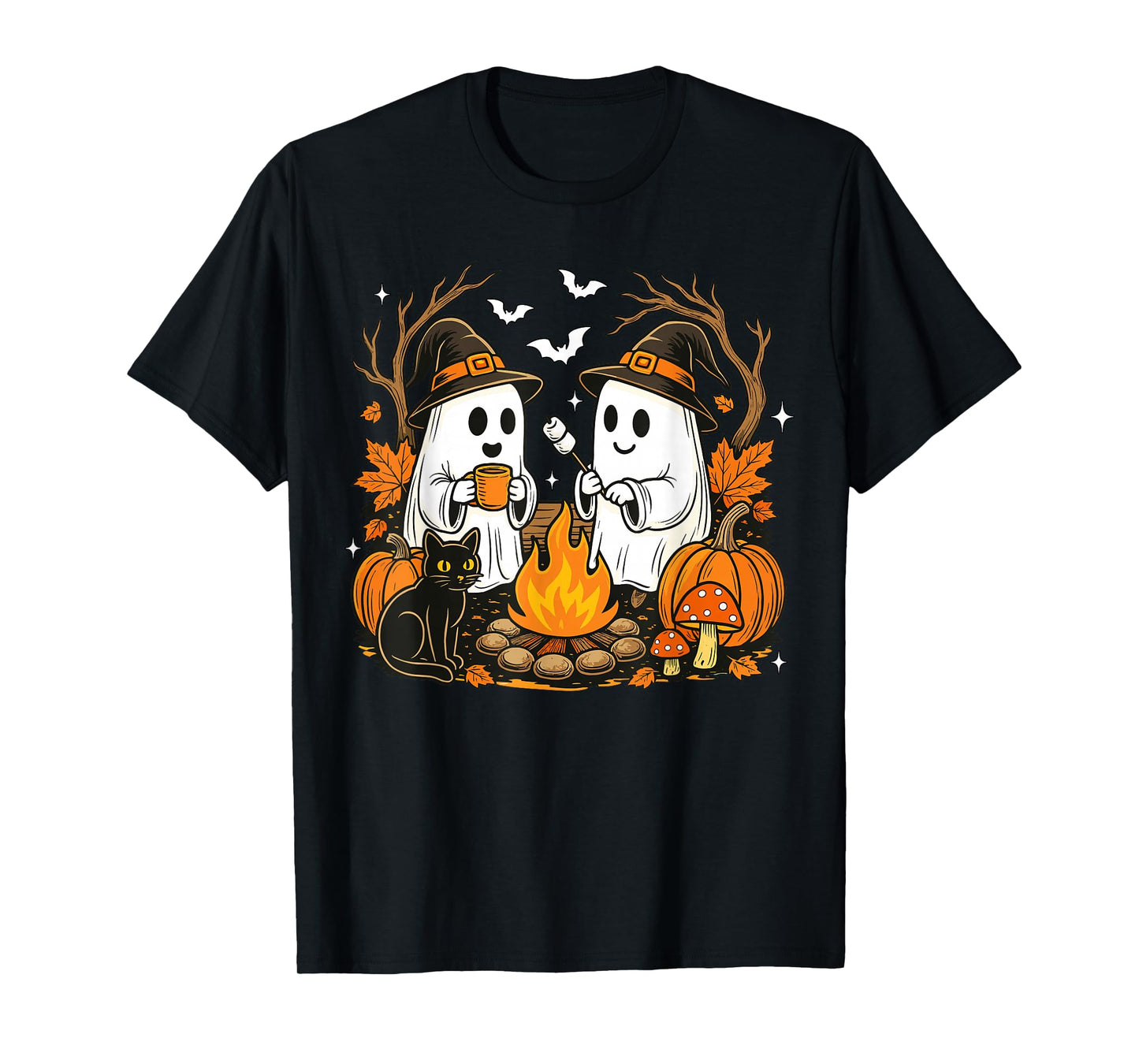 Cute Ghost Black Cat Halloween Witch Pumpkin Dark Forest T-Shirt