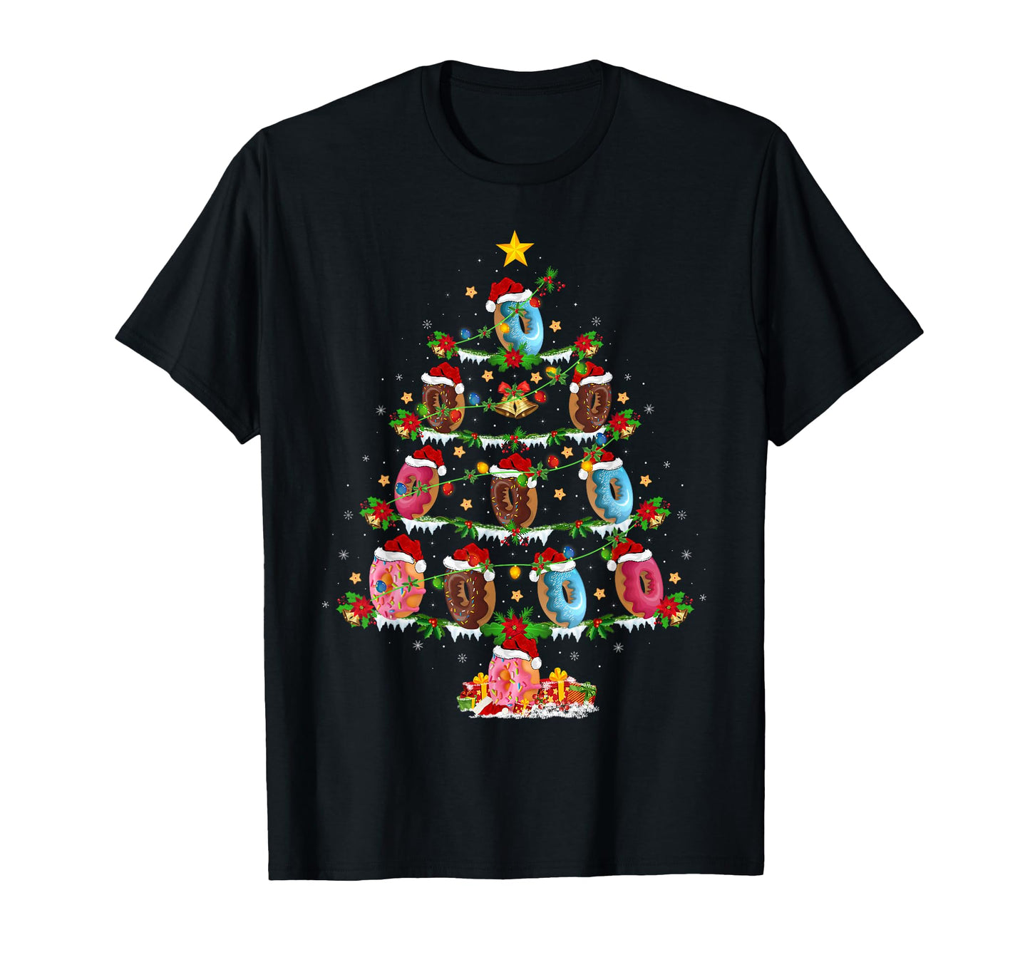 Donuts Christmas Tree Lights Funny Fast Food Donuts Xmas T-Shirt