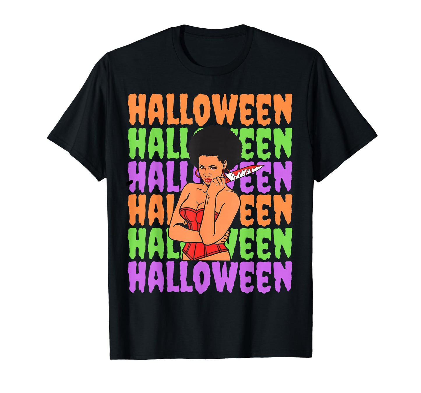 Funny Melanin Halloween Black Girl Magic Scary Blood Knife T-Shirt