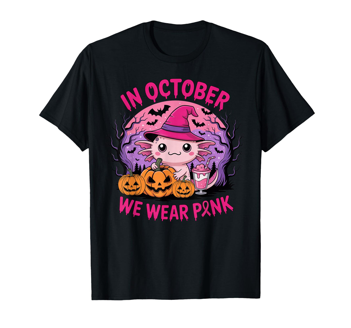 in October We Wear Pink Kawaii Axolotl Witch Pumpkins Squad T-Shirt