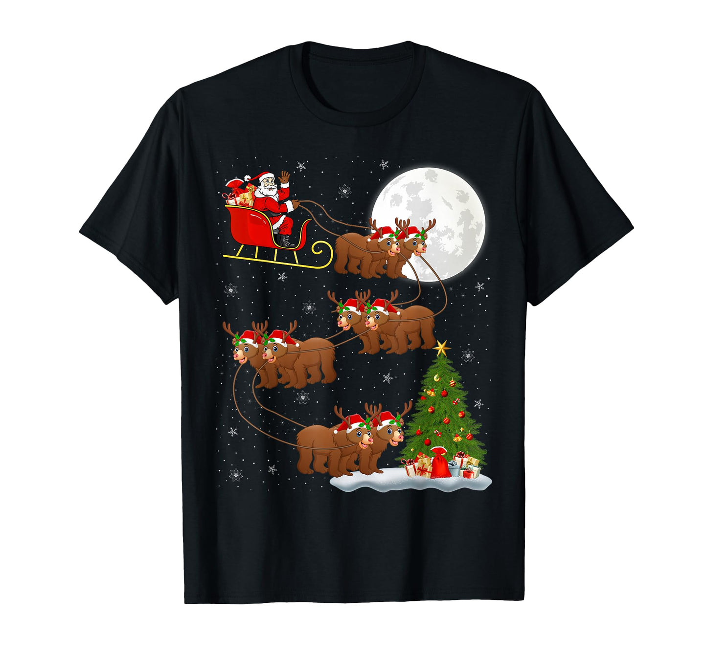 Bear Santa Sleigh Flying Funny Magical Christmas T-Shirt