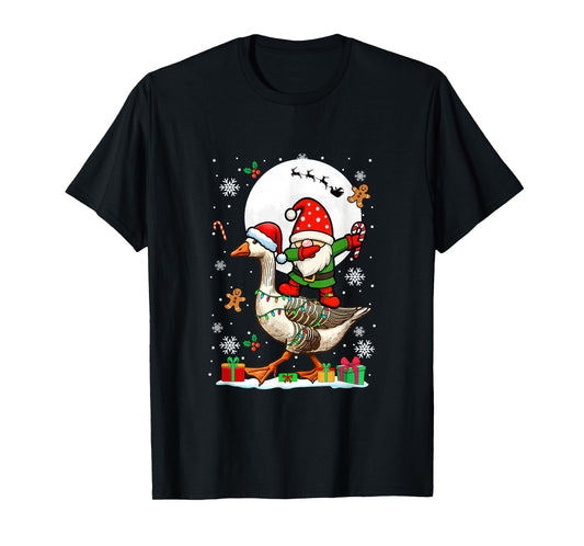 Dabbing Gnome On Goose Christmas Santa Colorful Lights T-Shirt