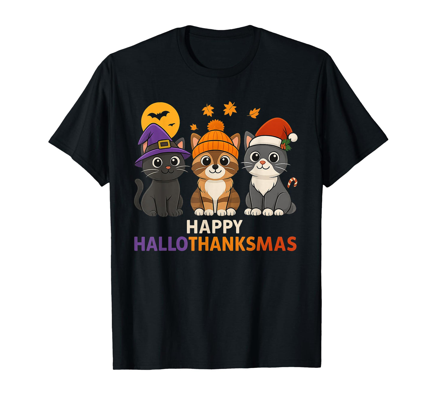 Cat Lover HalloThanksMas Halloween Thanksgiving Christmas T-Shirt