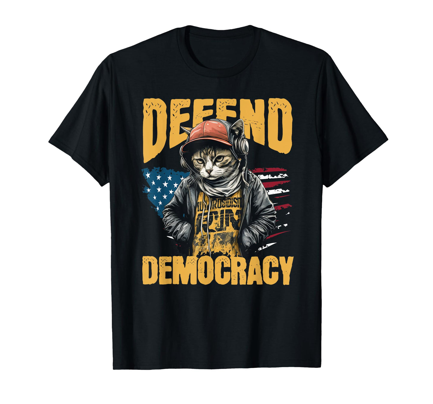 Defend Democracy Protect Our Right Vintage US Flag Urban Cat T-Shirt
