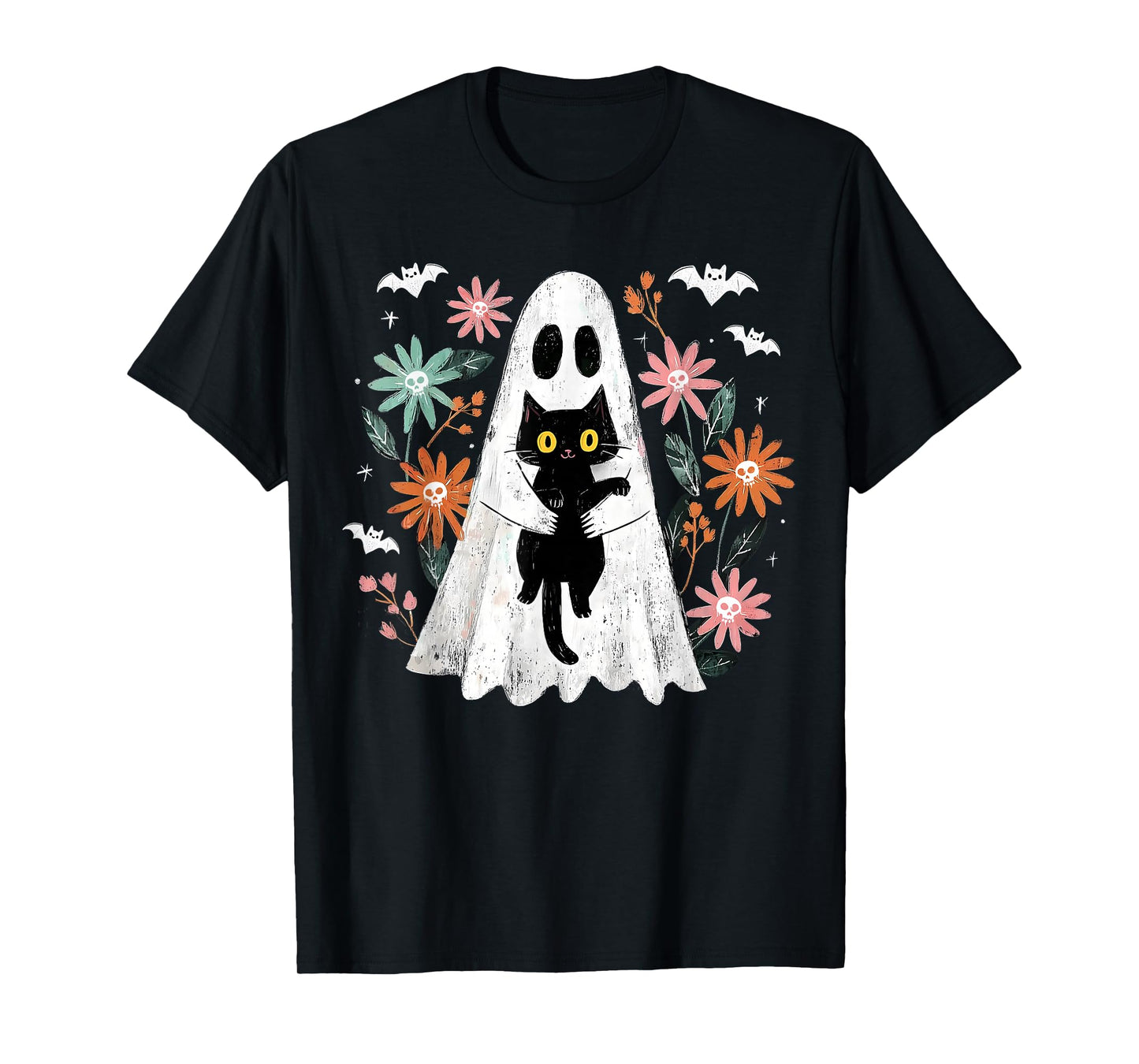 Spooky Ghost Hugging Black Cat Gothic Halloween Floral Skull T-Shirt