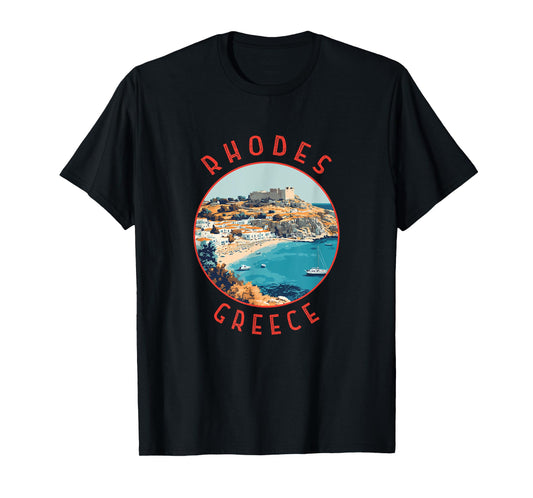 Rhodes Greece Retro Distressed Circle T-Shirt