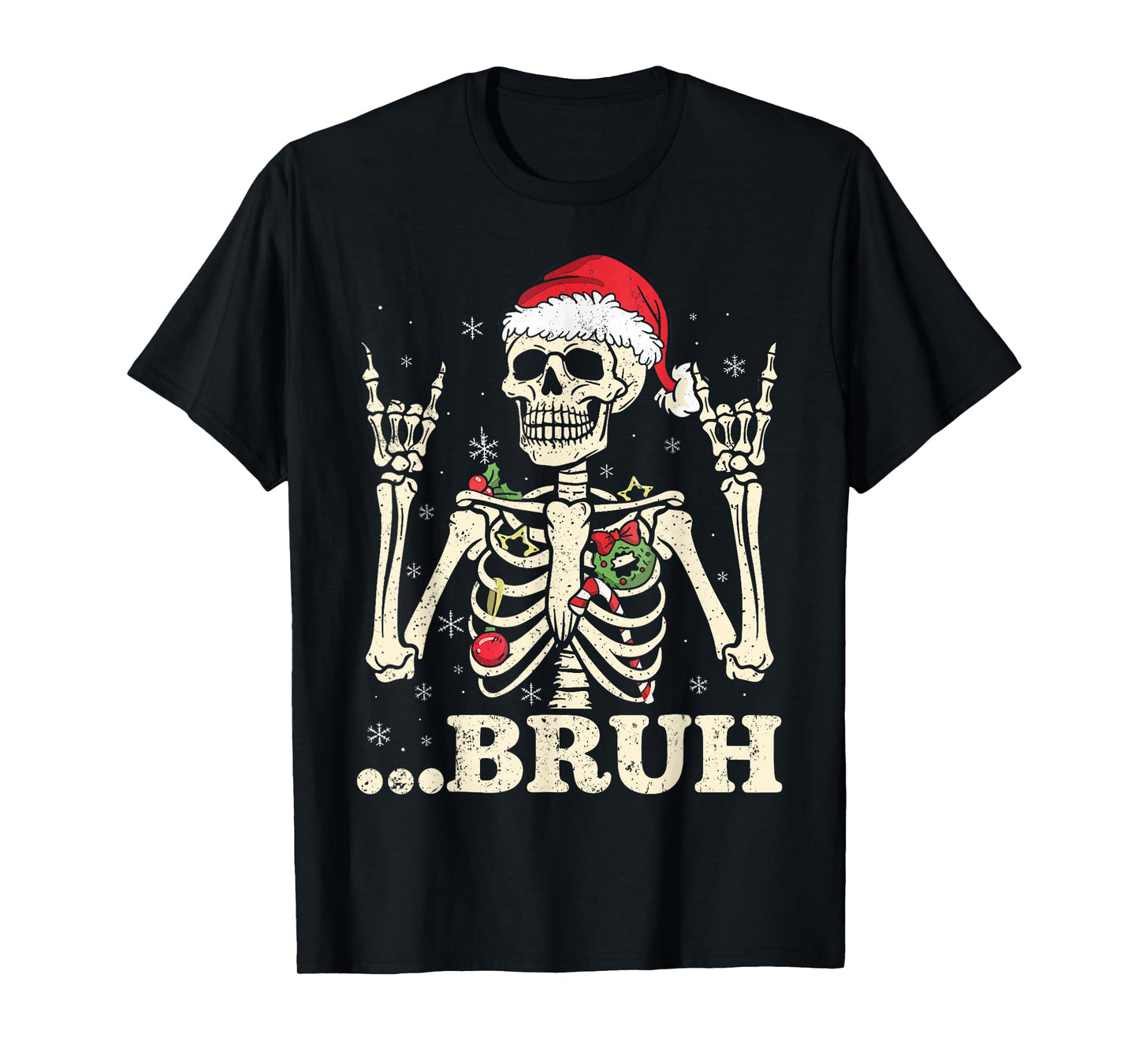 Rock On Skeleton Santa Hat Bruh Meme Xmas Punk Rock Men Boys T-Shirt