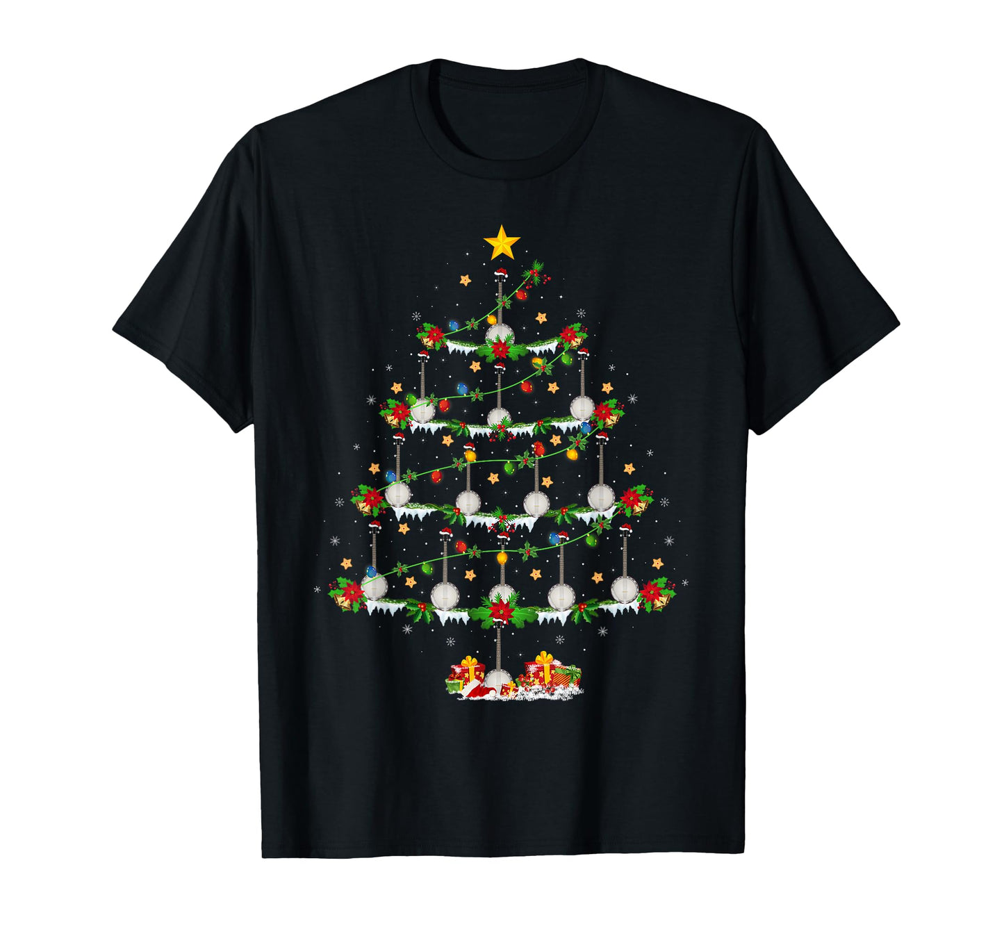 Musical Banjo Christmas Tree Lights Funny Music Lover Xmas T-Shirt
