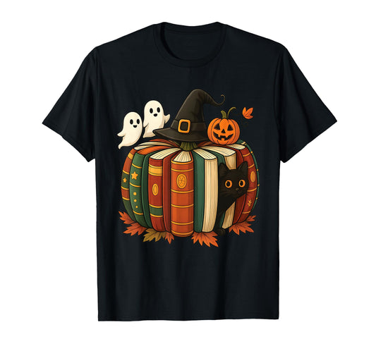 Fall Book Pumpkin Reading Witch Hat Halloween Teacher T-Shirt