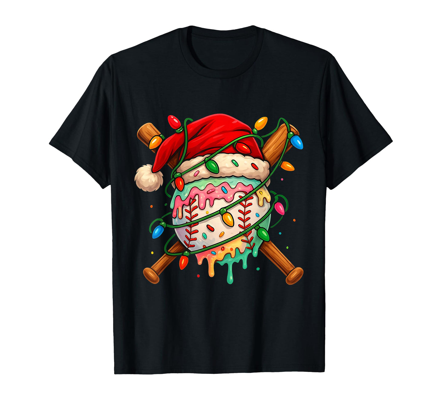 Baseball Christmas Ice Cream Santa Hat Lights Men Kid Family T-Shirt