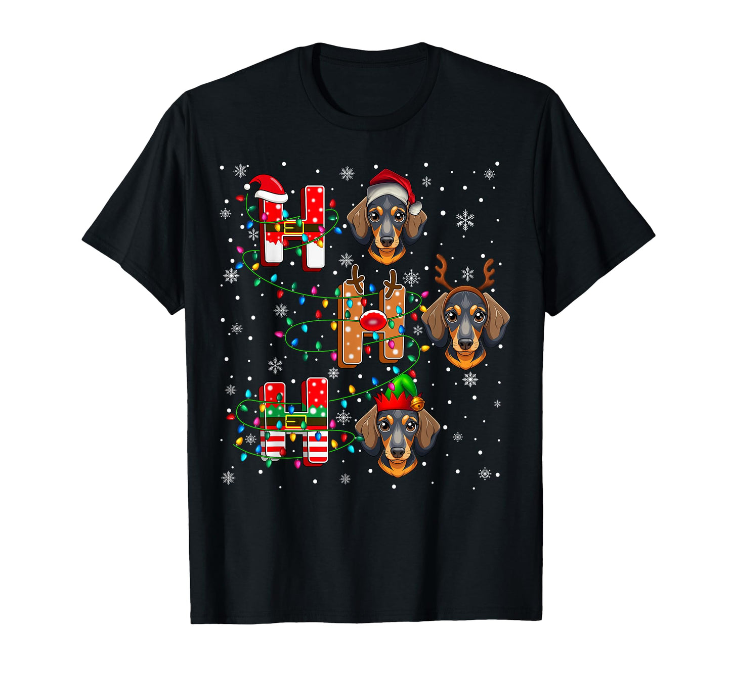 Ho Ho Ho Santa Reindeer Hat Elf Matching Dachshund Dog Xmas T-Shirt