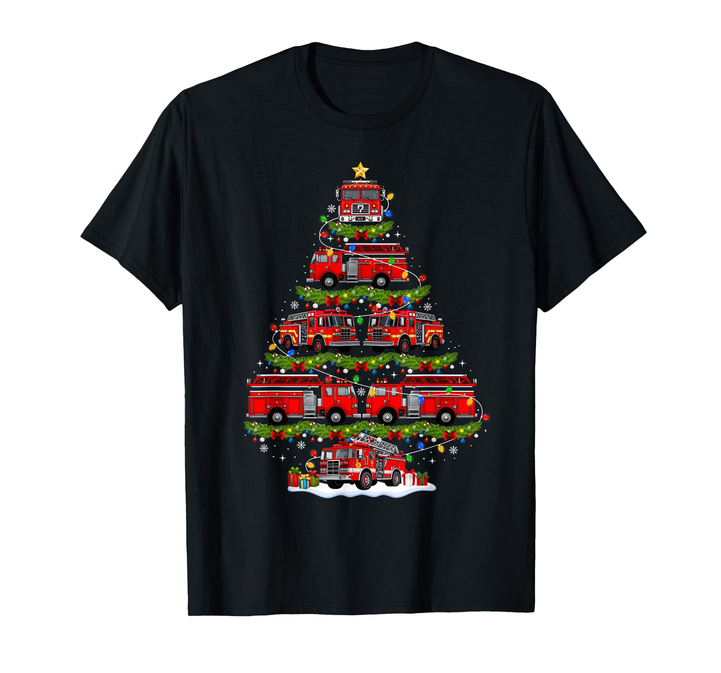 Fire Truck Firefighter Christmas Tree Lights Xmas Pajamas T-Shirt