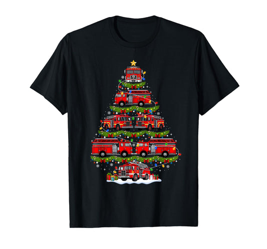 Fire Truck Firefighter Christmas Tree Lights Xmas Pajamas T-Shirt