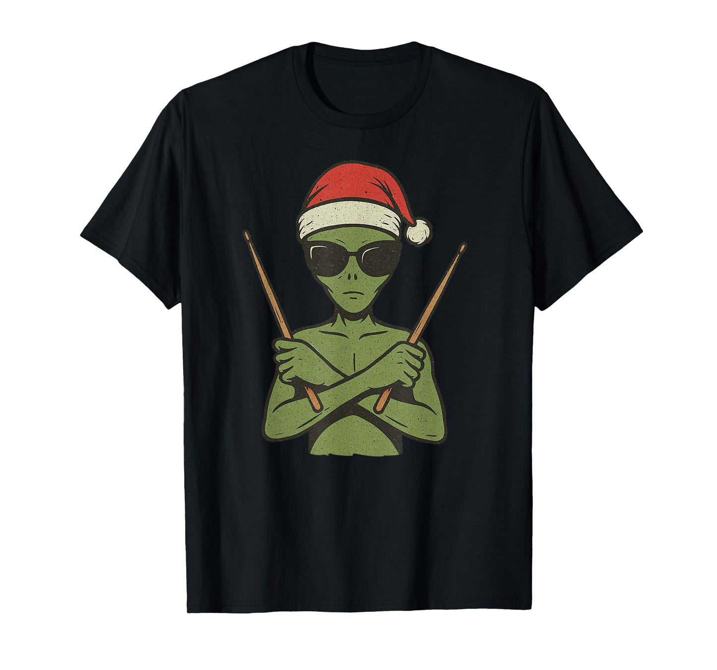 Alien Playing Drums Christmas Vintage Funny Drummer Xmas T-Shirt