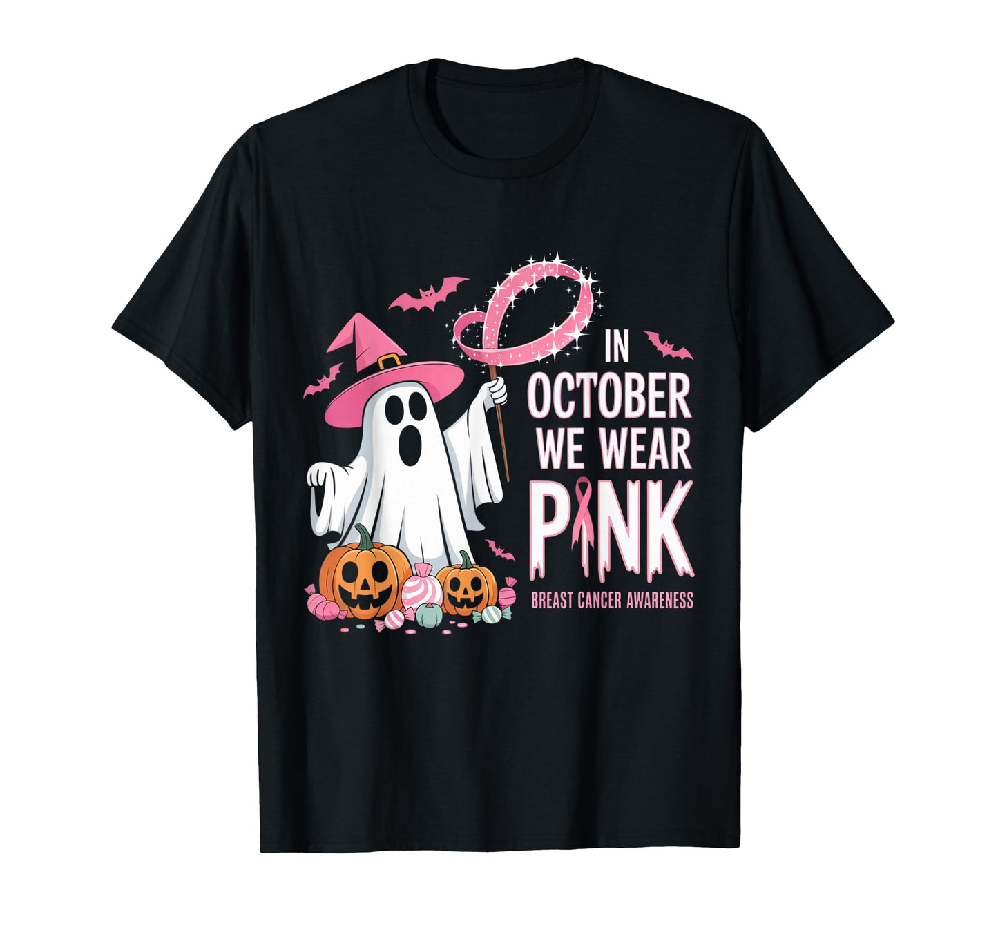 in October We Wear Pink Ghost Witch Breast Cancer Awareness T-Shirt