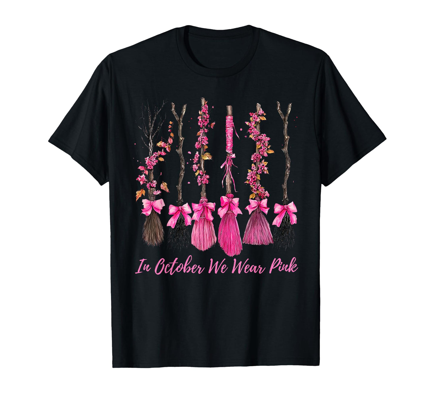 in October We Wear Pink Witch Broom Breast Cancer Halloween T-Shirt