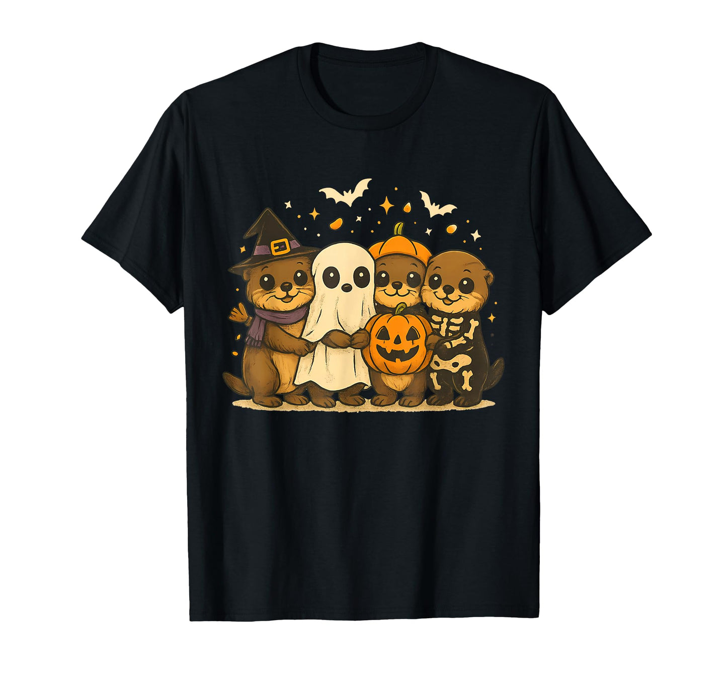 Witch Ghost Pumpkin Skeleton Otters Halloween Sea Animal T-Shirt