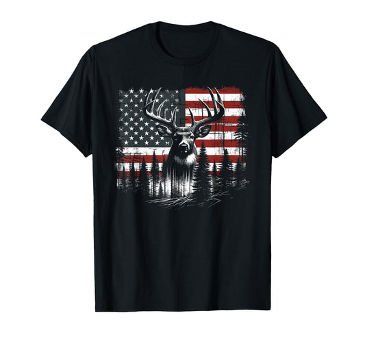 Deer Hunting American Flag Whitetail Buck Antlers T-Shirt