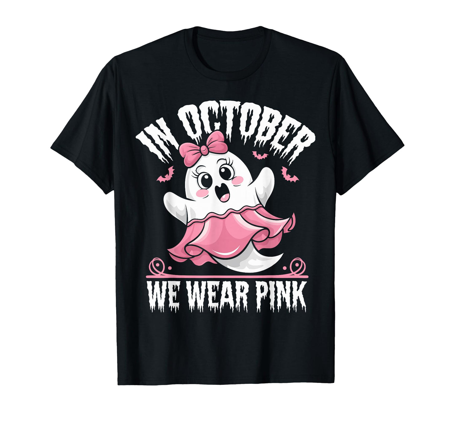 in October We Wear Pink Ghost Witch Breast Cancer Awareness T-Shirt