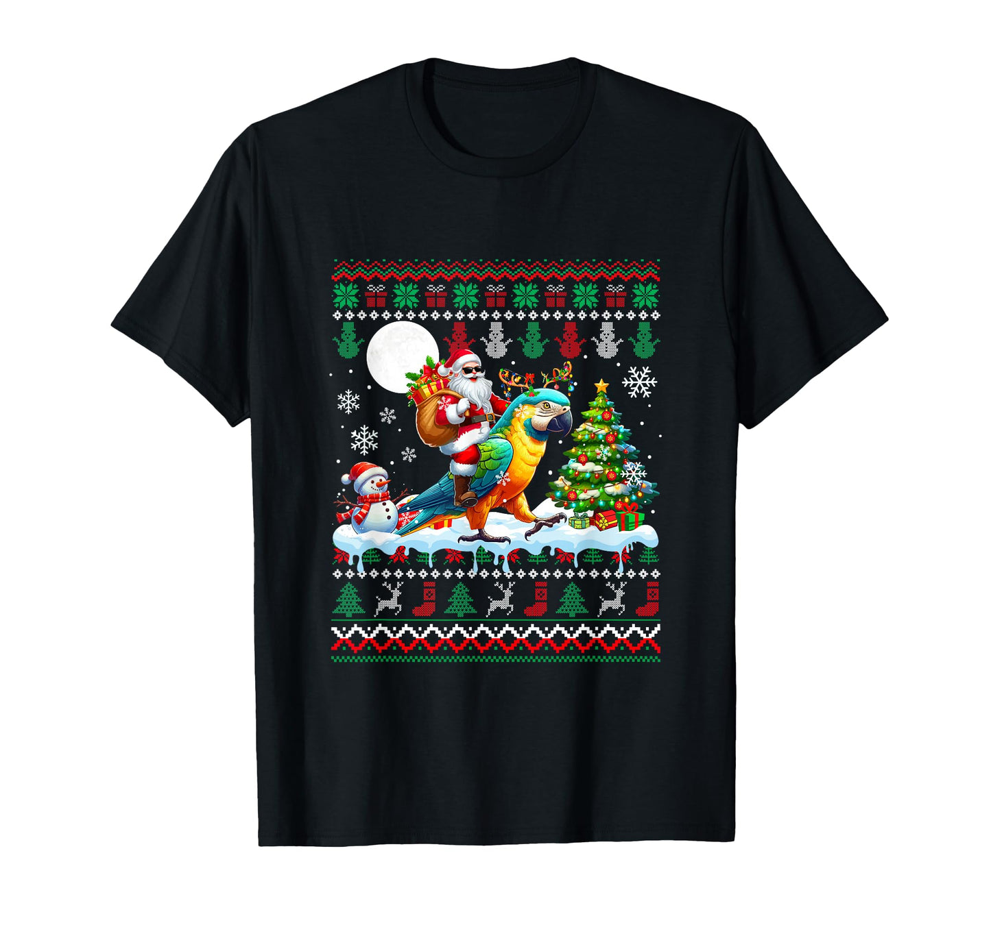 Santa Riding Reindeer Parrot Sweater Xmas Tree Snowman T-Shirt