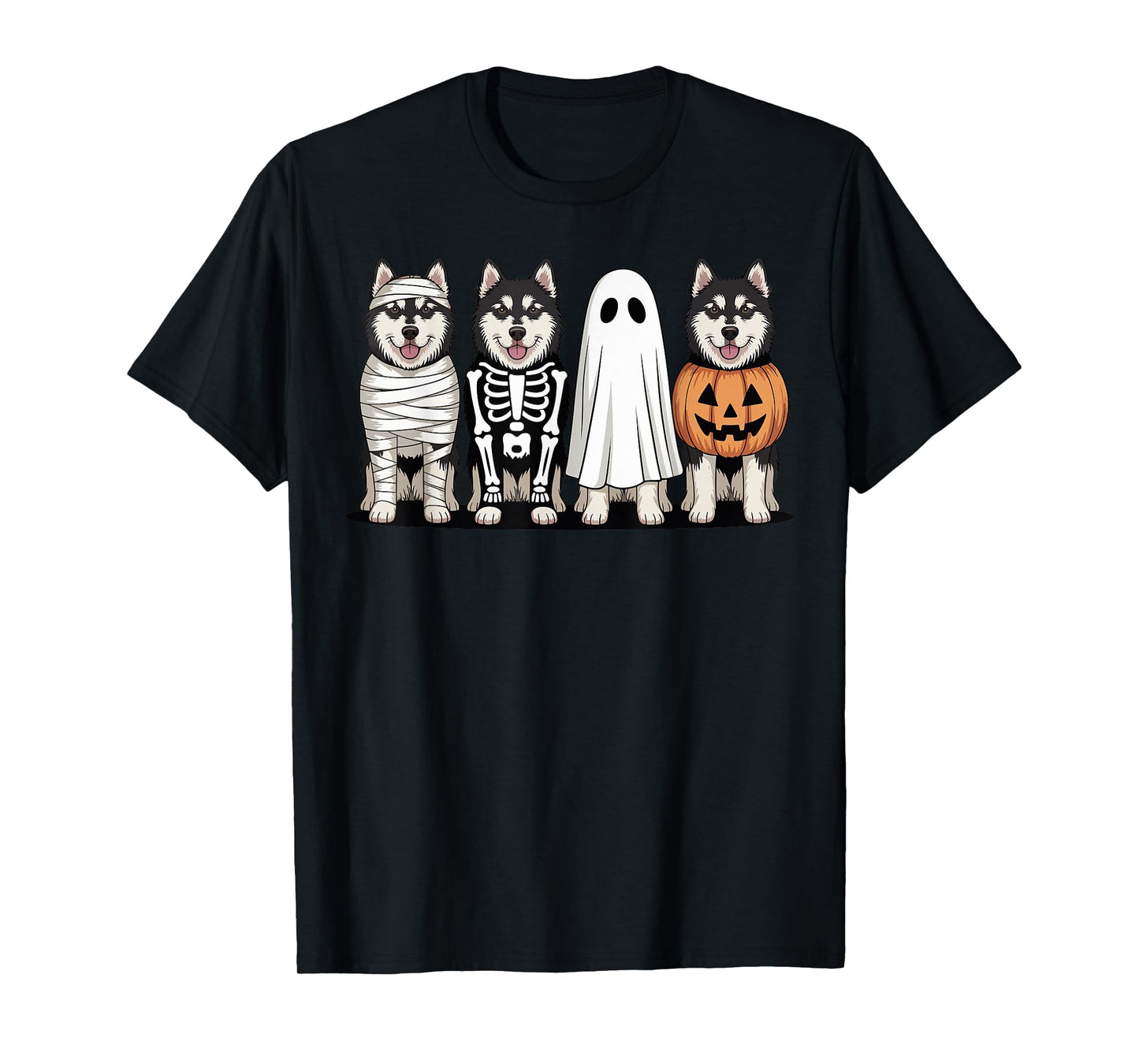Spooky Ghost Alaskan Malamute Pumpkin Halloween Dog Skeleton T-Shirt