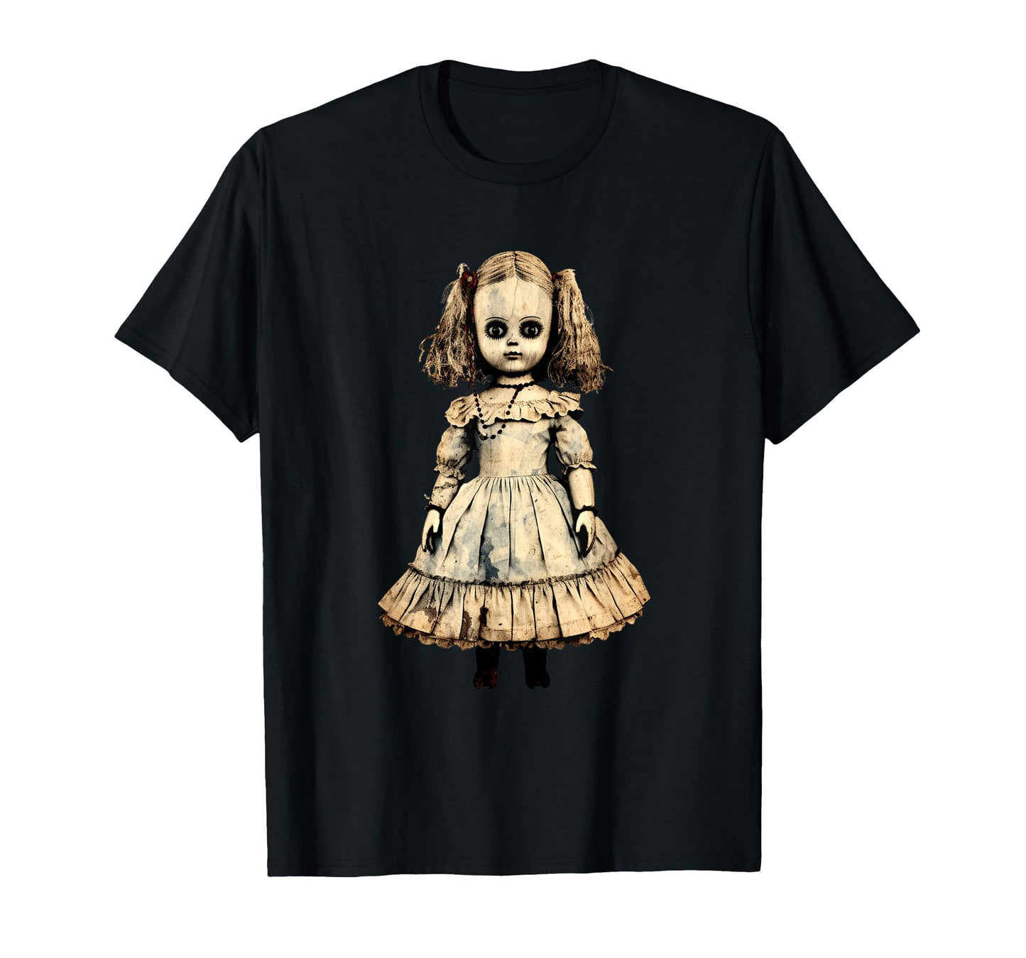 Vintage Creepy Horror Doll Supernatural Goth Haunted Doll T-Shirt, Small, Black
