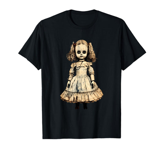 Vintage Creepy Horror Doll Supernatural Goth Haunted Doll T-Shirt, Small, Black