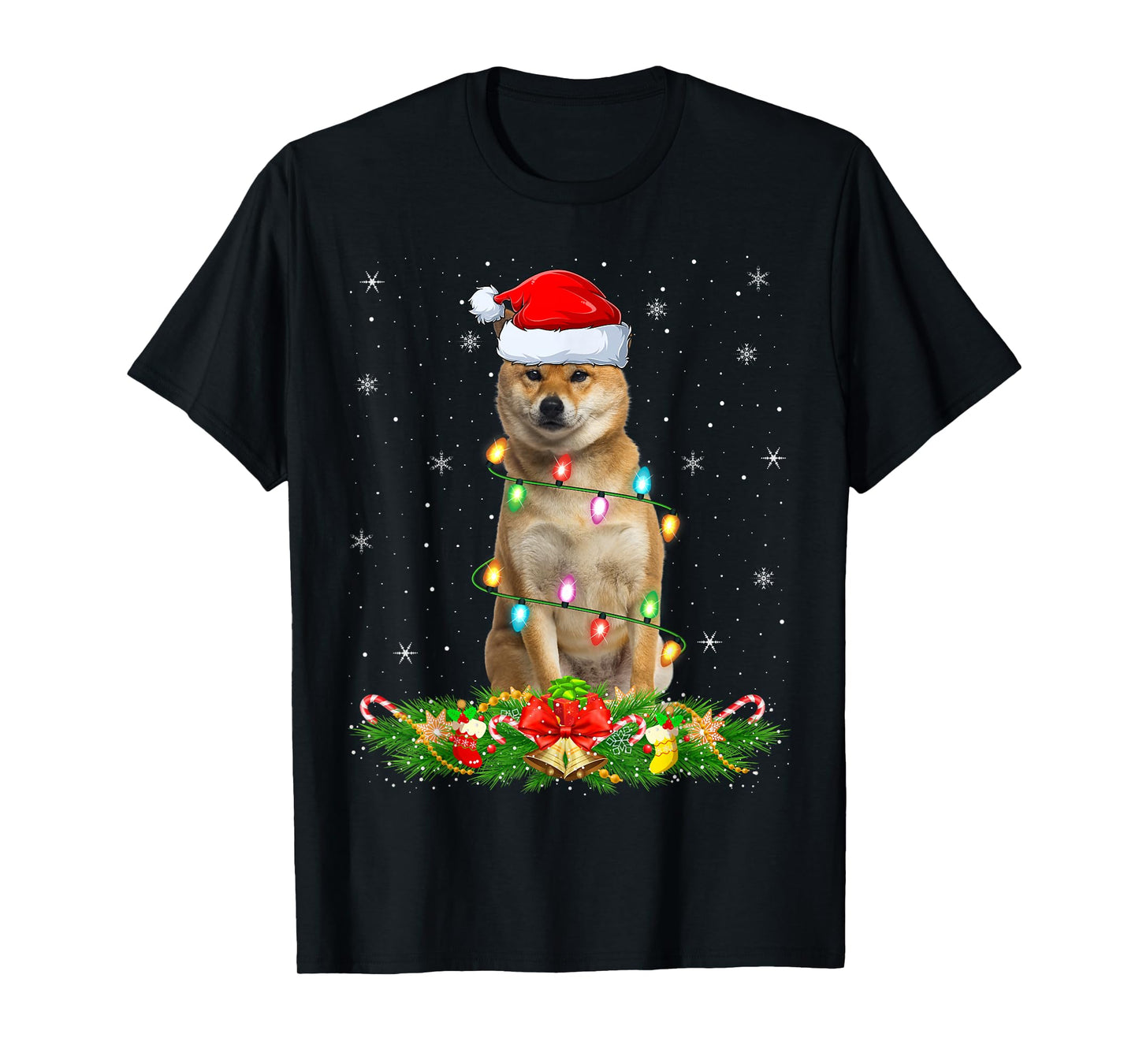 Shiba Inu Dog Christmas Lights Funny Santa Hat Xmas T-Shirt