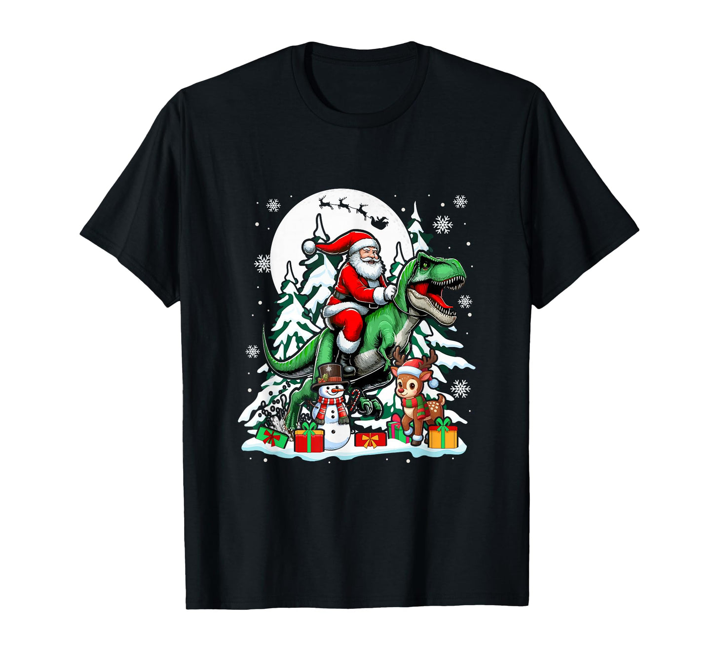 Santa Riding T-Rex Reindeer Snowman Christmas Family Kids T-Shirt