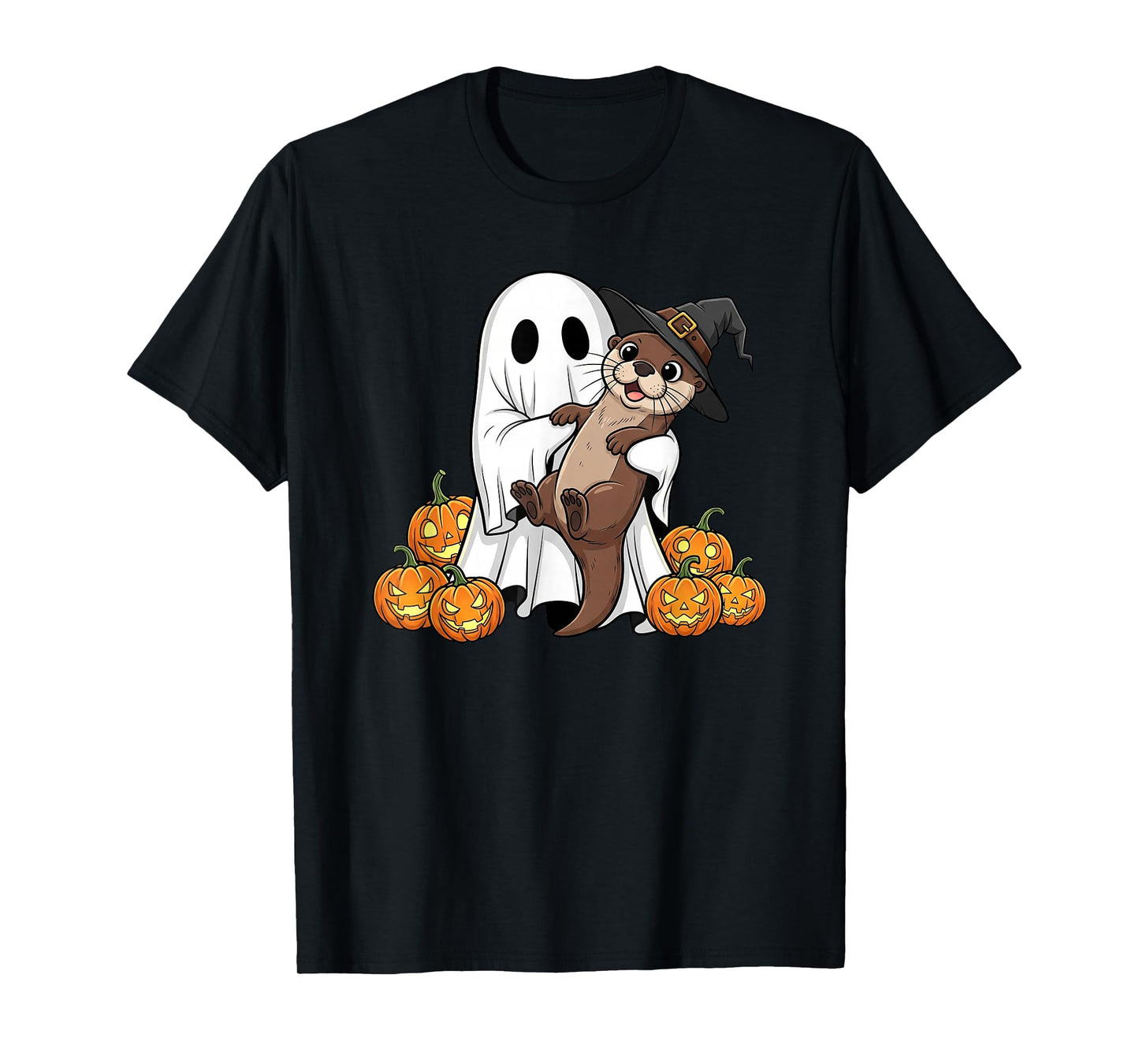 Funny Ghost Otter Pumpkin Halloween Kids Mens Womens T-Shirt