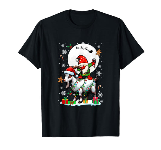 Dabbing Gnome On Goat Christmas Santa Colorful Lights T-Shirt
