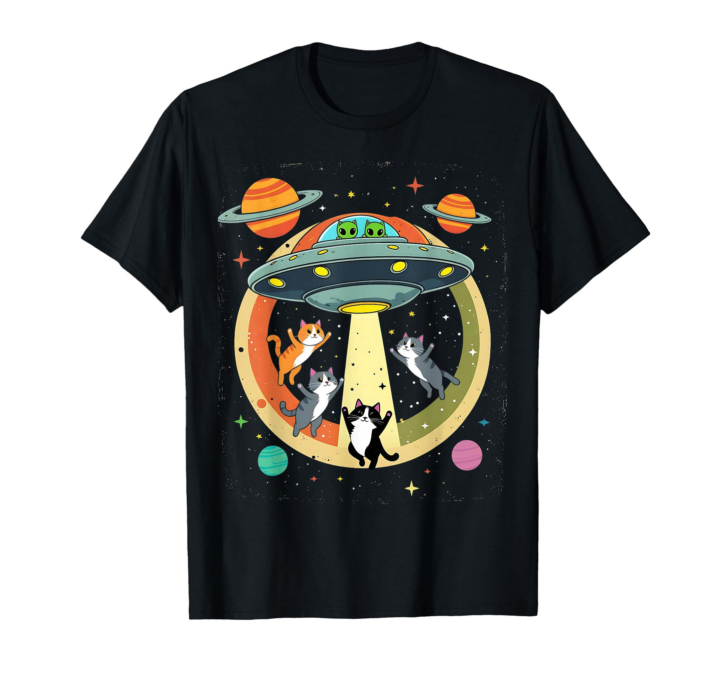 Alien Abduction Cats UFO Flying Saucer Space Women Girls Kid T-Shirt