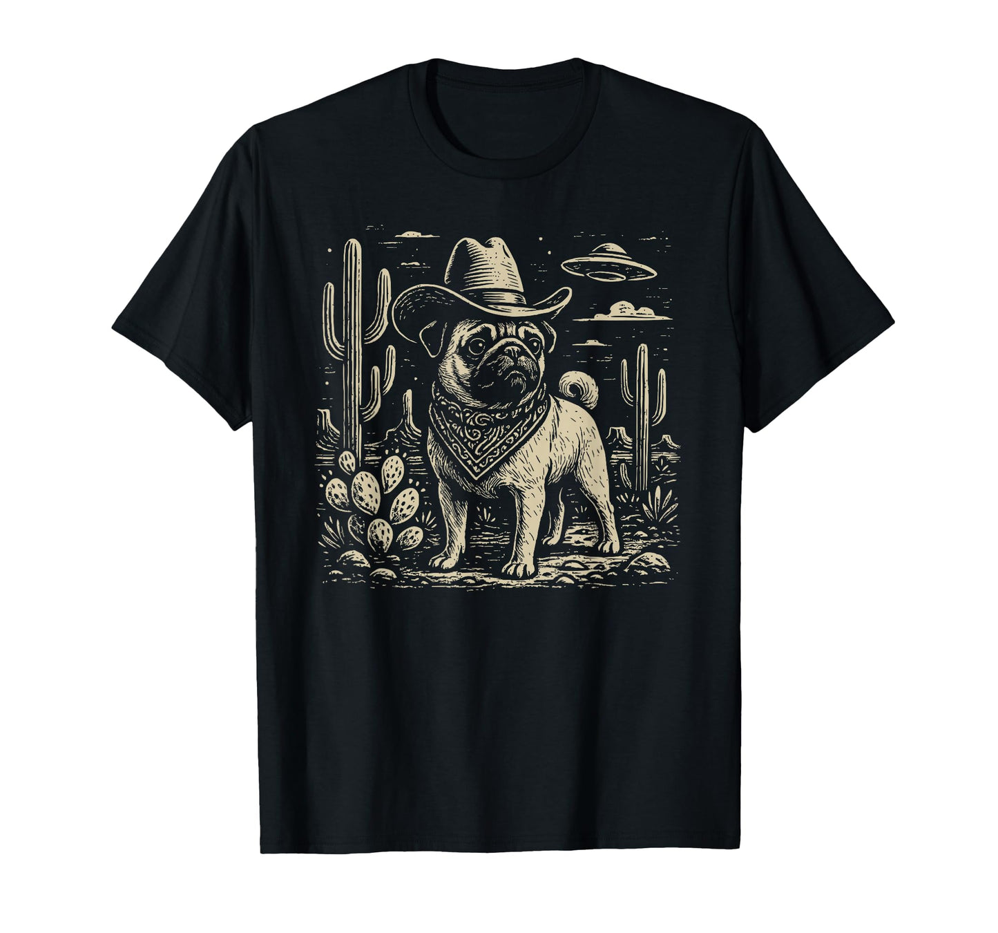 Vintage Western Pug Cowboy UFO Dog T-Shirt