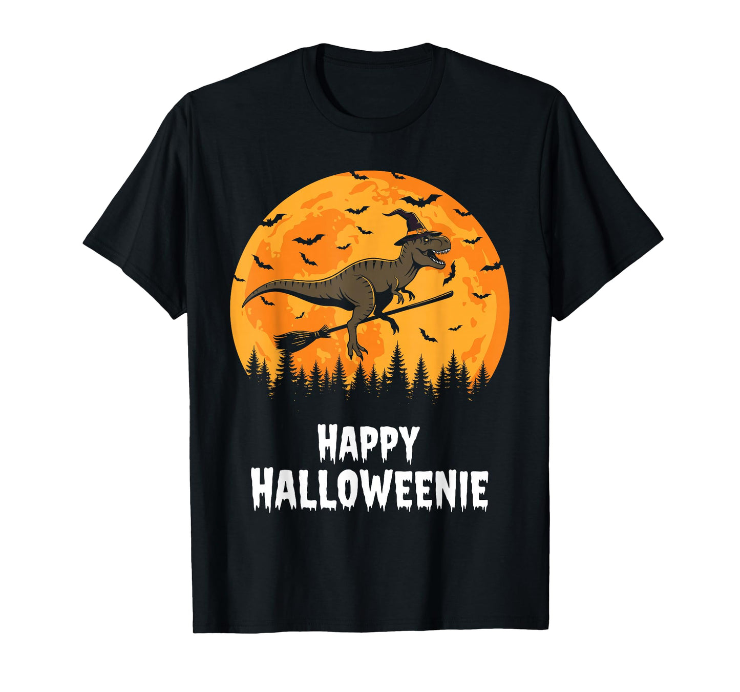 Happy Halloweenie Funny Dinosaur T Rex Flying Witch T-Shirt