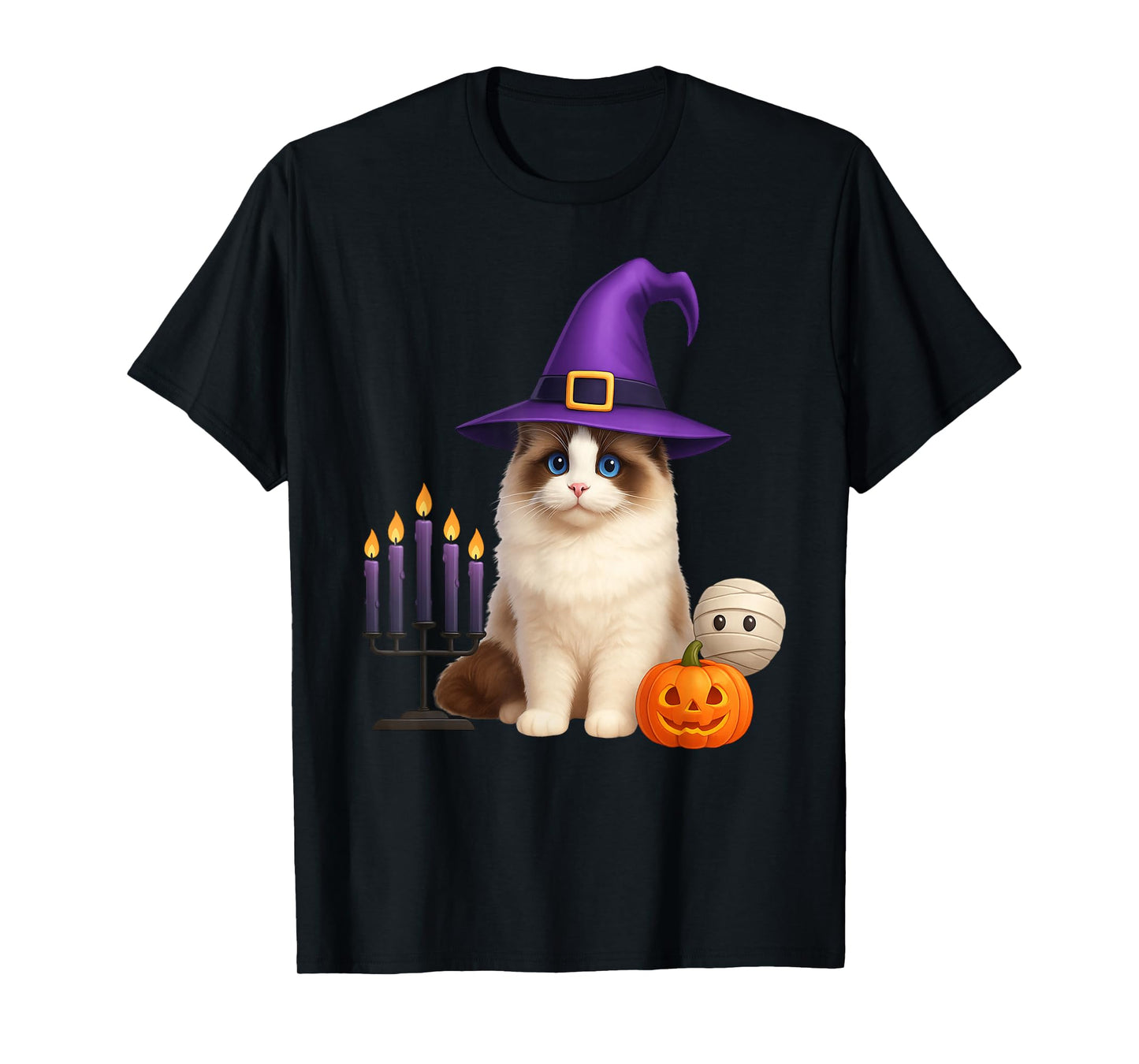 Men Women Kids Cute Pumpkin Witch Hat Ragdoll Cat Halloween T-Shirt