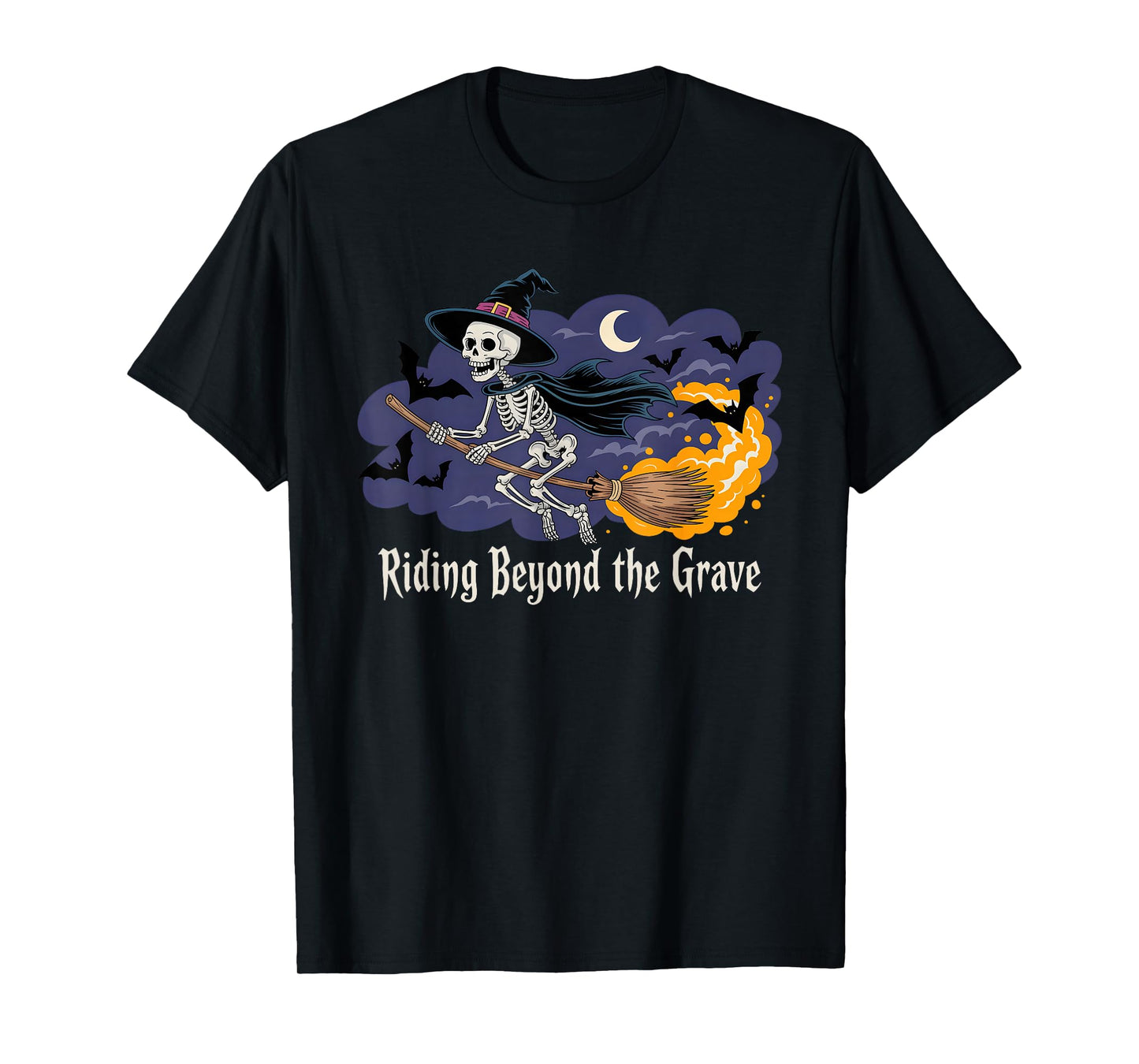 Skeleton Witch Hat Flying Broom Halloween Bats Moon Rider T-Shirt