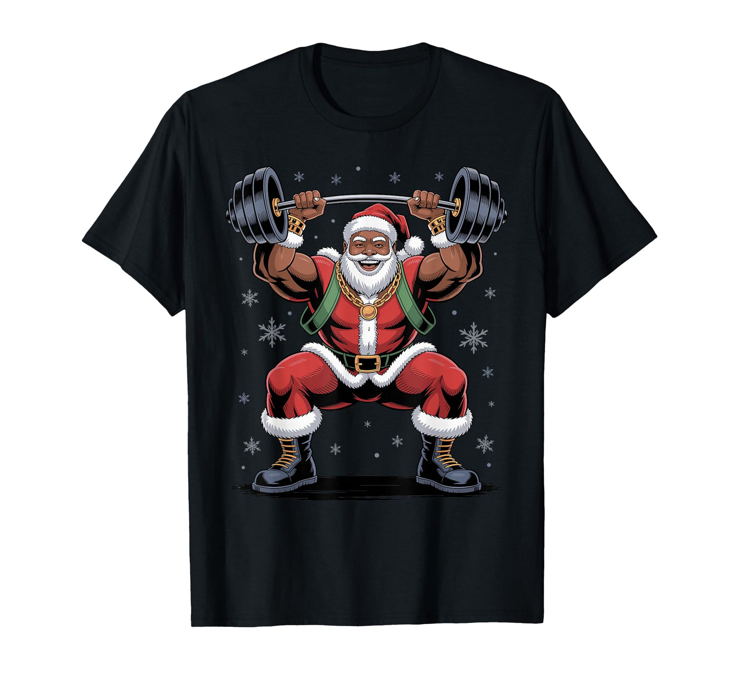 Santa Weightlifting African American Christmas Funny Holiday T-Shirt