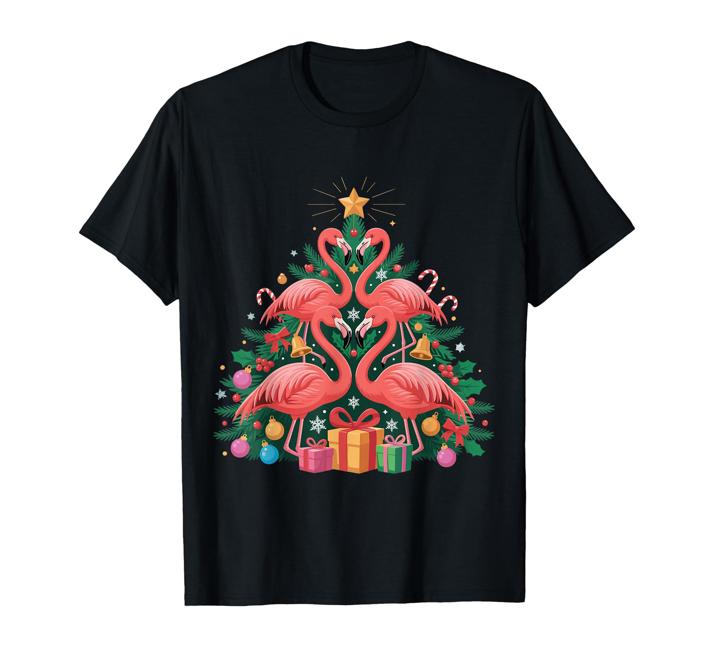 Pink Flamingo Christmas Tree Lights Santa Hat Xmas T-Shirt